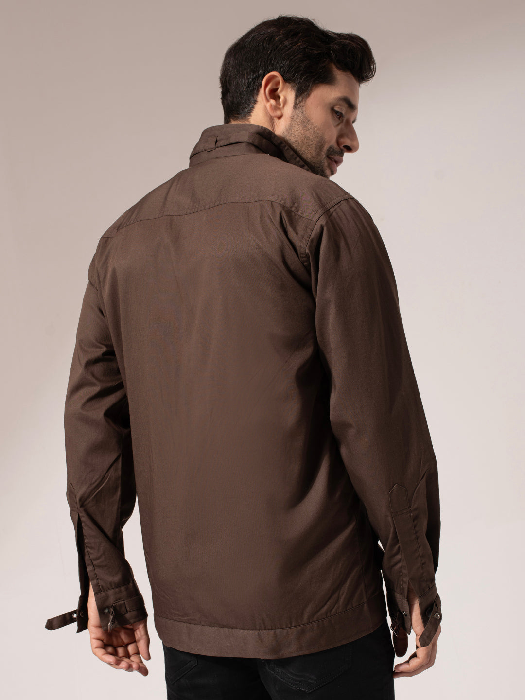 Brown Solid Long Utility Jacket