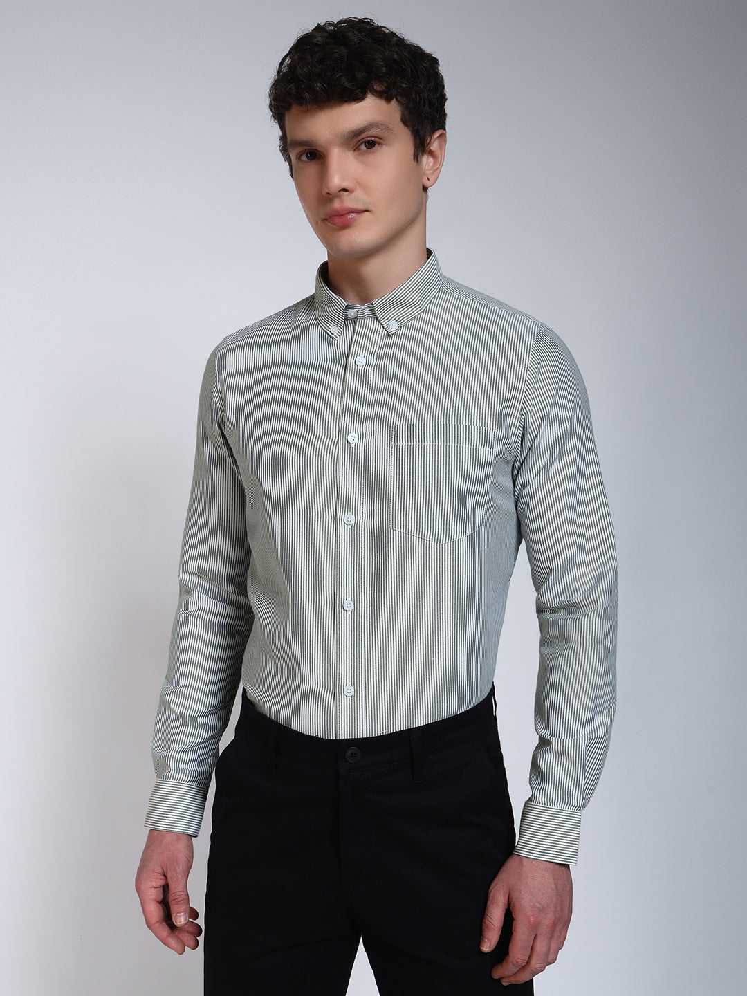 Bottle Green Striped Slim Fit Cotton Shirt