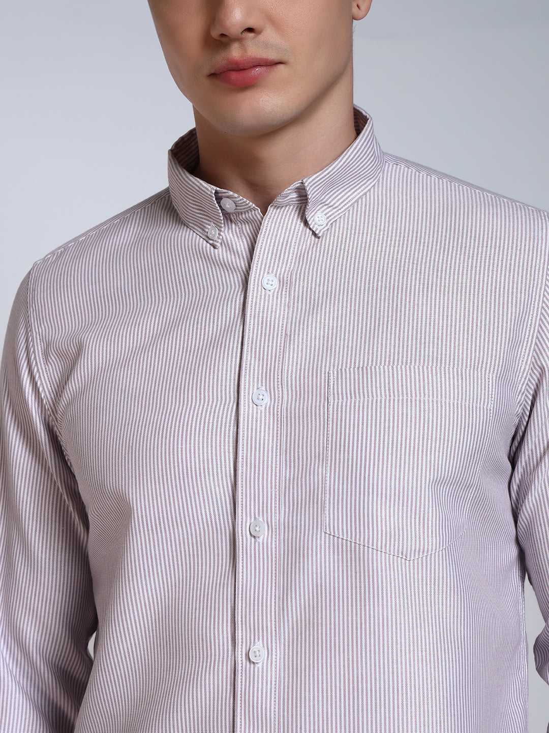 Brown Striped Slim Fit Cotton Shirt