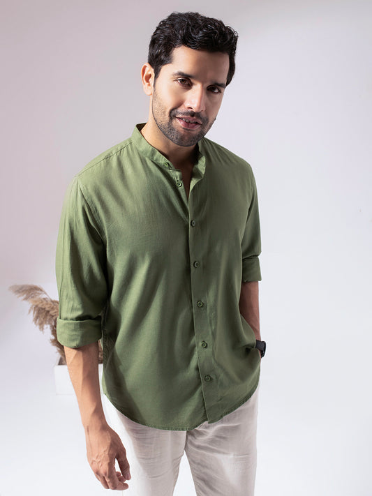 Green Band Collar Linen Blend Shirt