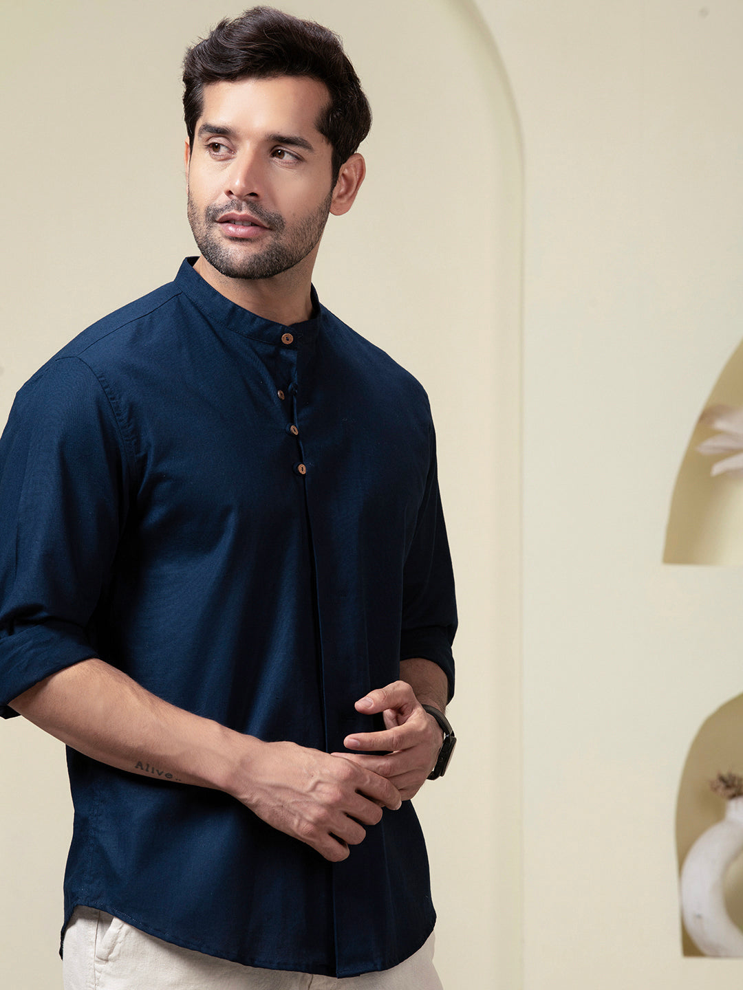 Blue Mandarin Collar Linen Blend Shirt