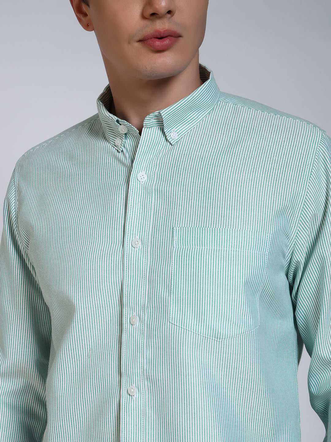 Pista Green Striped Slim Fit Cotton Shirt