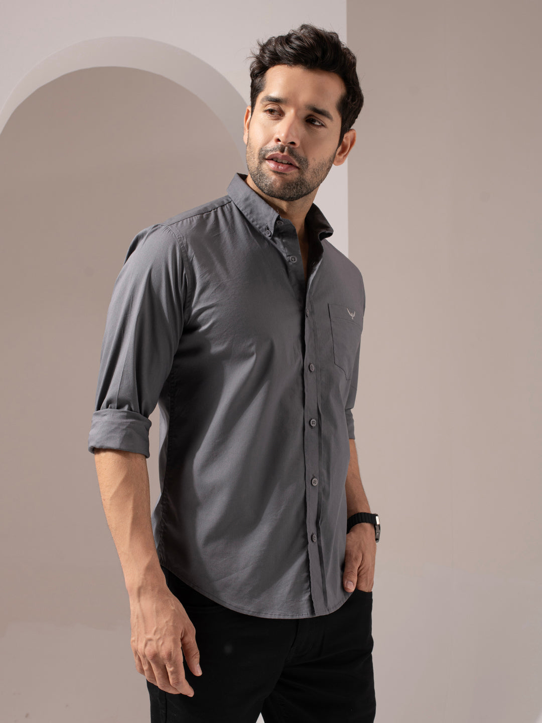 Dark Gray Solid Cotton Shirt