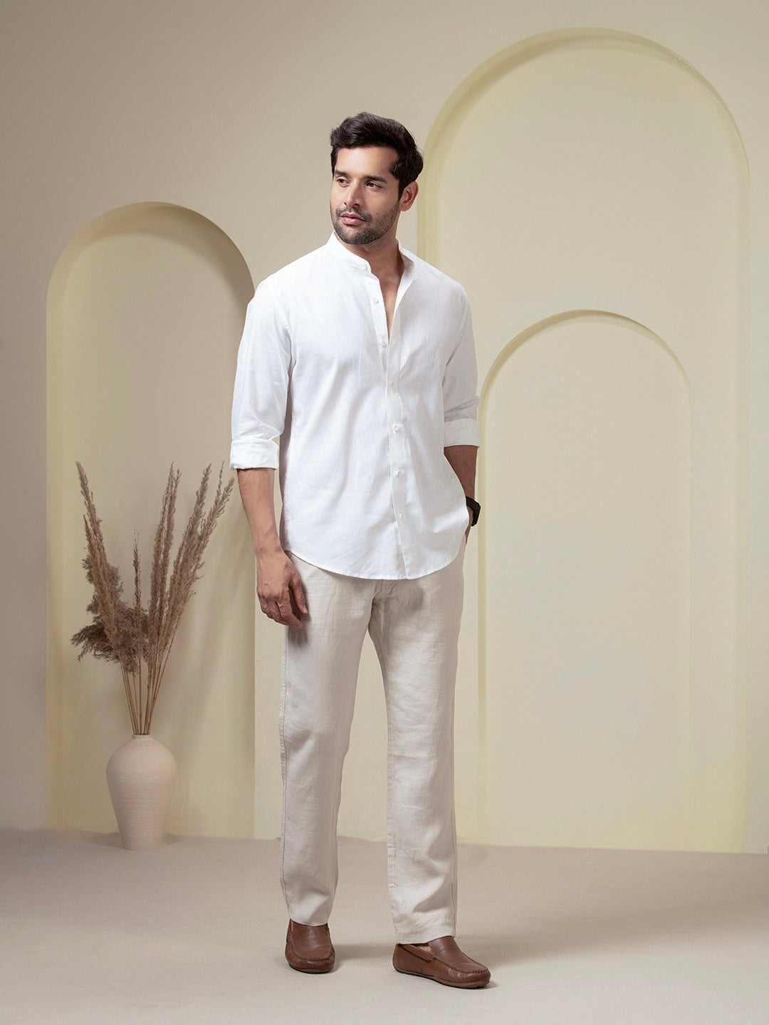 Crystal White Linen Blend Band Collar Shirt