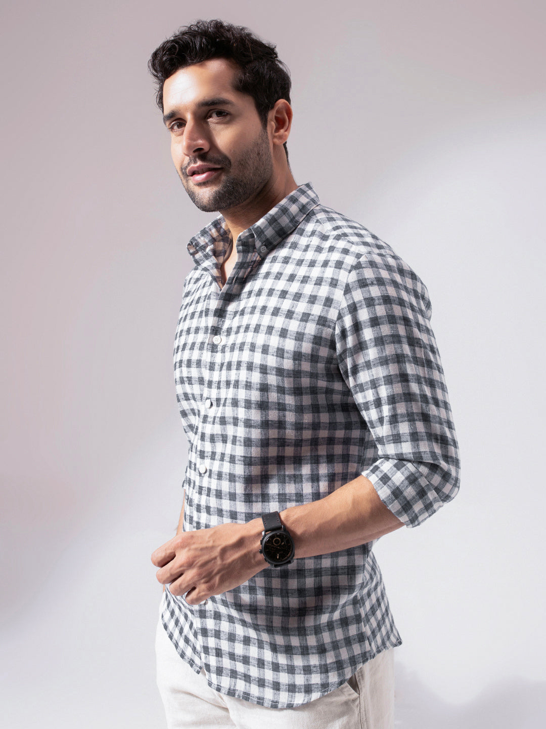 Black Checks Linen Blend Shirt