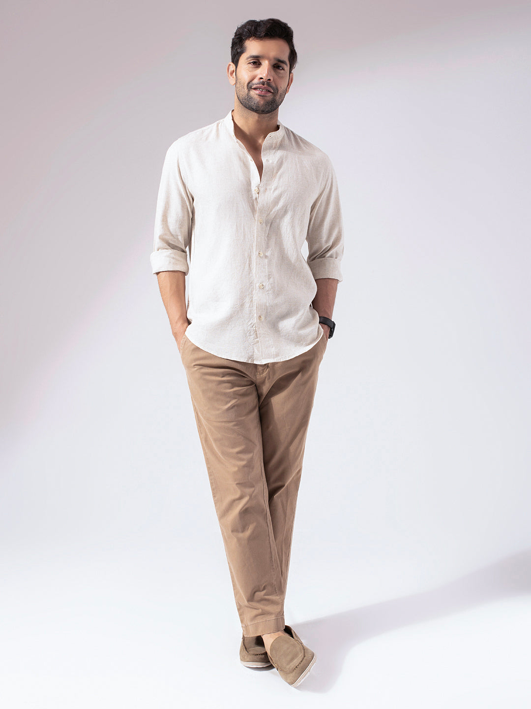 Beige Band Collar Linen Blend Shirt