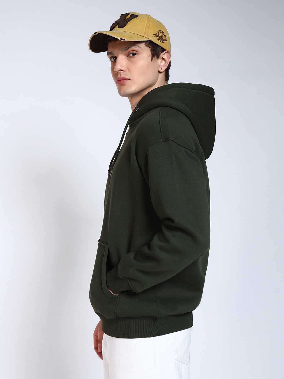 Olive Green Solid Regular Fit Hoodie Sweatshirt