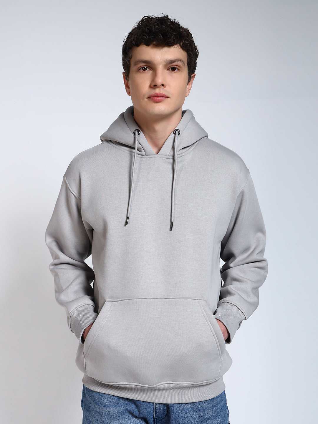 Grey Solid Regular Fit Hoodie Sweatshirt