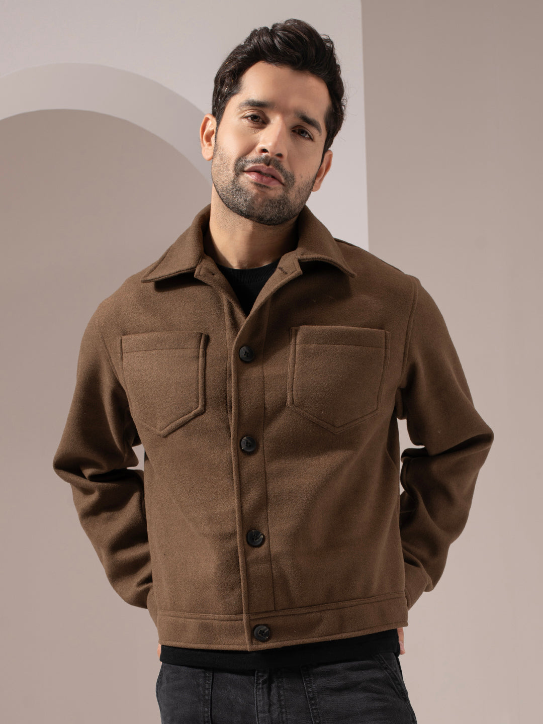 Brown Crop Solid Box Fit Jacket