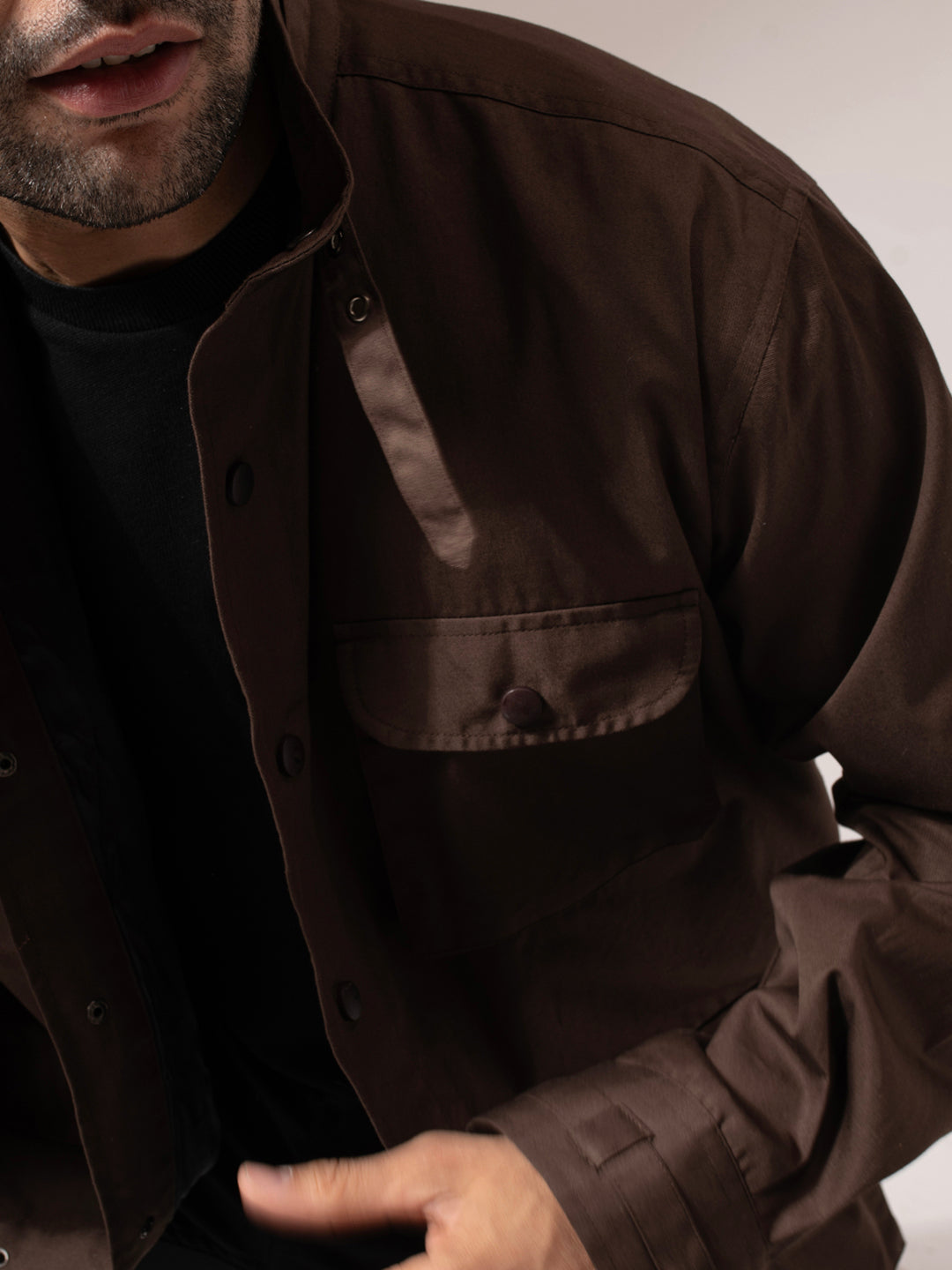 Brown Solid Long Utility Jacket