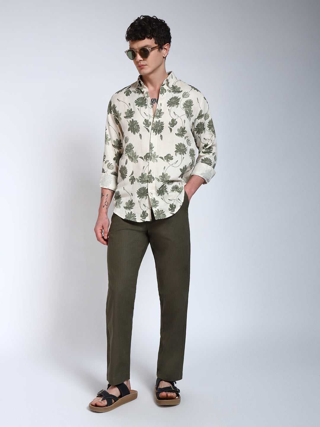 Cream & Green Printed Slim Fit Linen Cotton Cotton Shirt