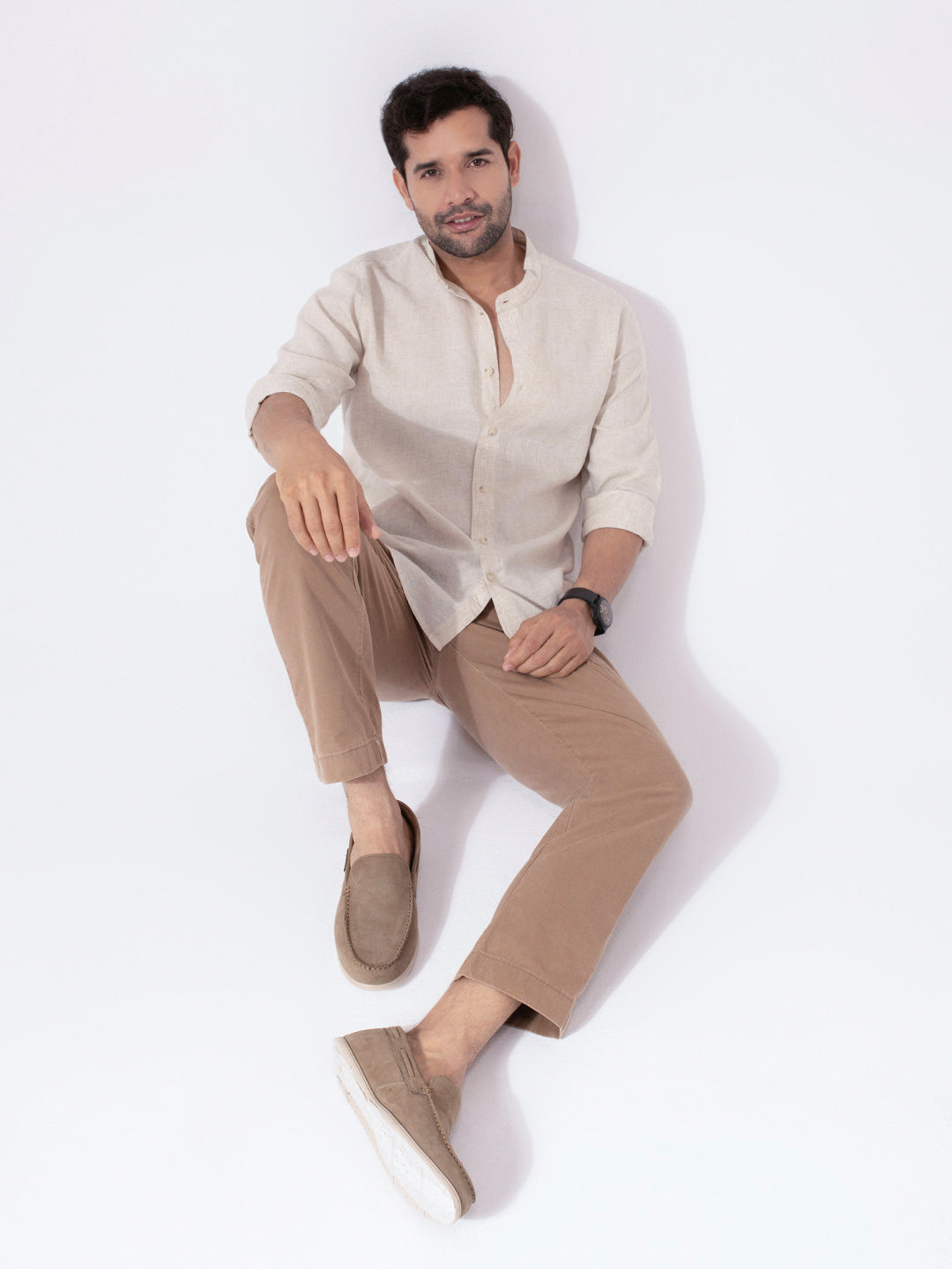 Beige Band Collar Linen Blend Shirt