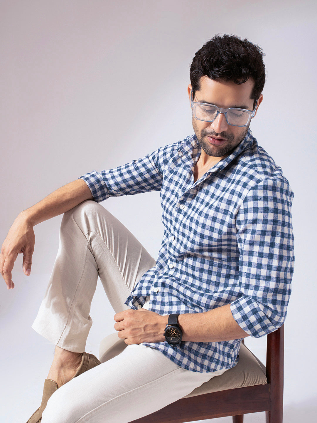 Blue Checks Linen Blend Shirt