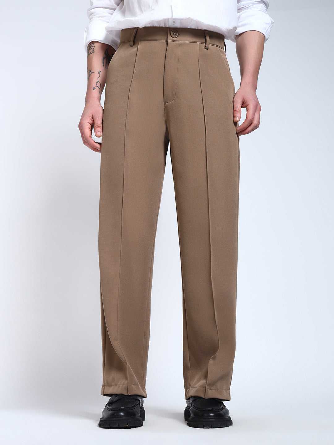 Light Brown Solid Pintuck Korean Pants