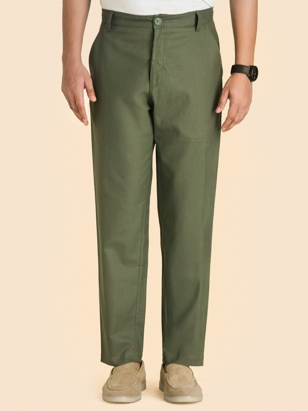Olive Green Solid Linen Trouser