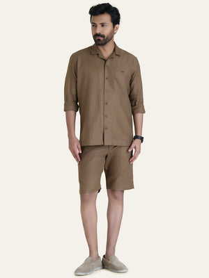 Brown Linen Solid Shirt Shorts Co-ord Set.