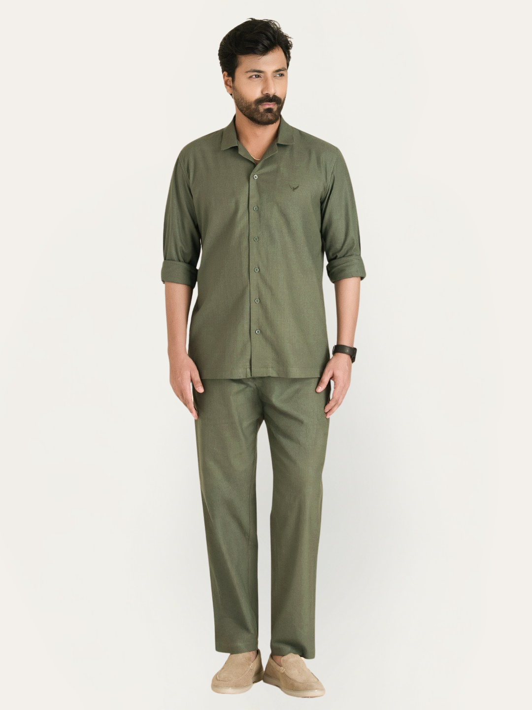 Olive Green Linen Solid Shirt Pants Co-ord Set.