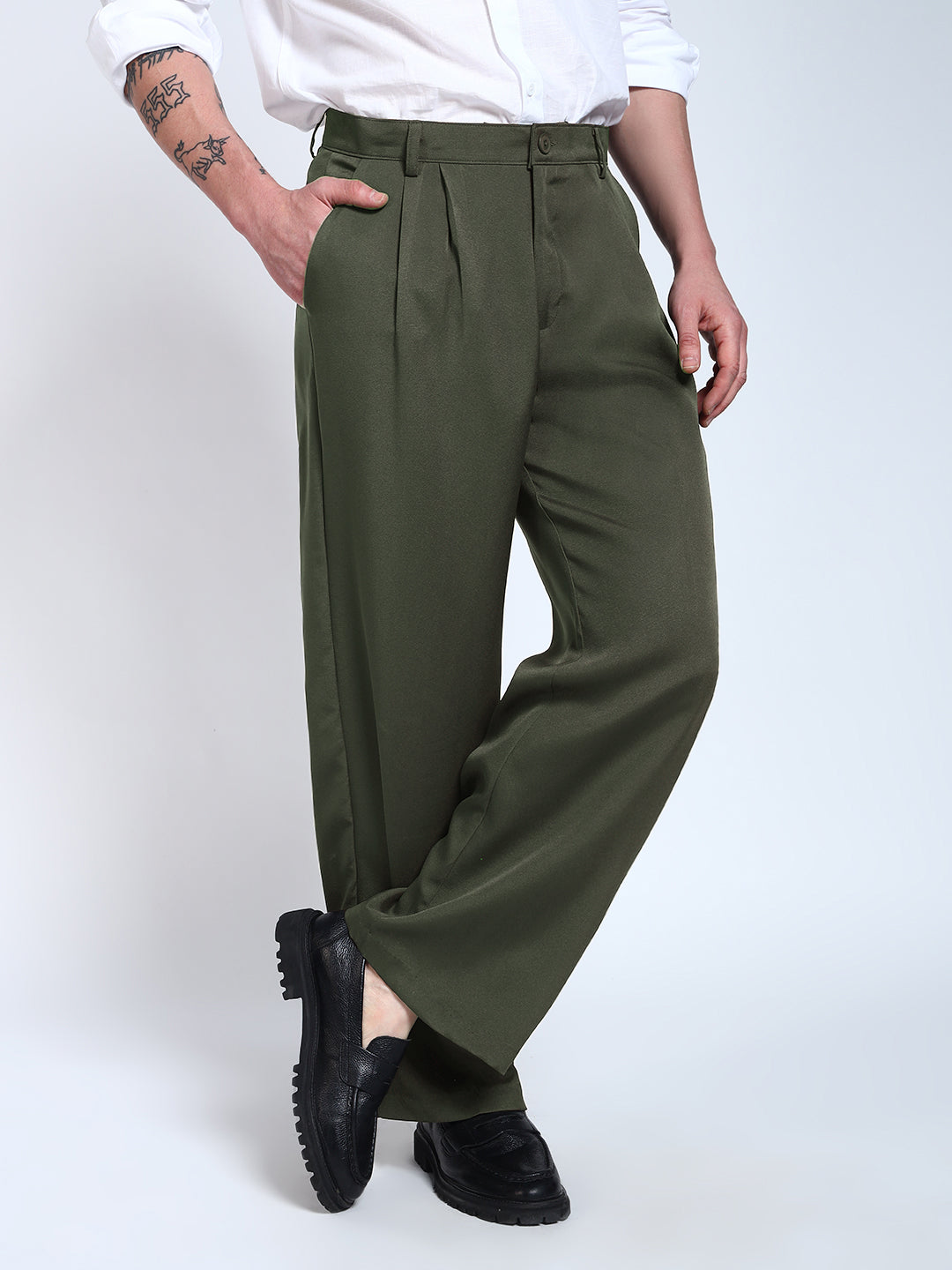 Bottle Green Solid Pleated Korean Pants