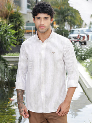 Brown Striped Slim Fit Linen Shirt