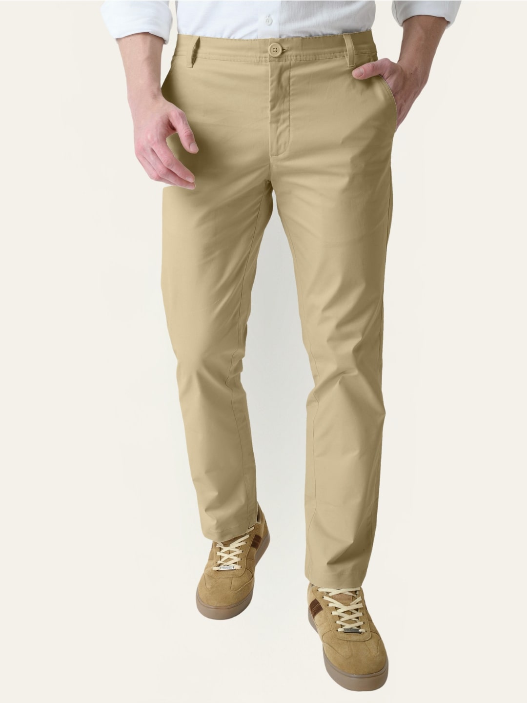 Camel Beige Solid Slim Fit Chinos