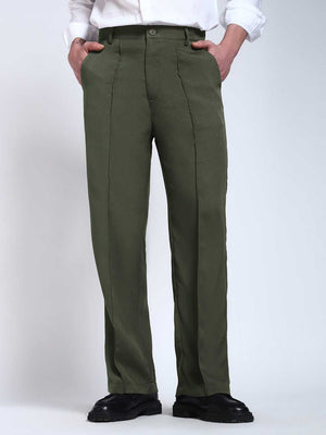 Olive Green Solid Pintuck Korean Pants