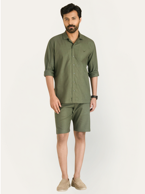 Olive Green Linen Solid Shirt Shorts Co-ord Set.