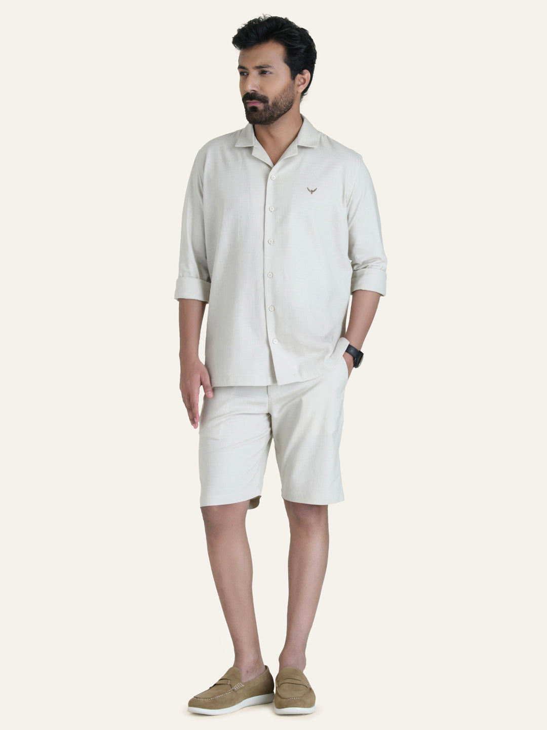 Beige Linen Solid Shirt Shorts Co-ord Set.