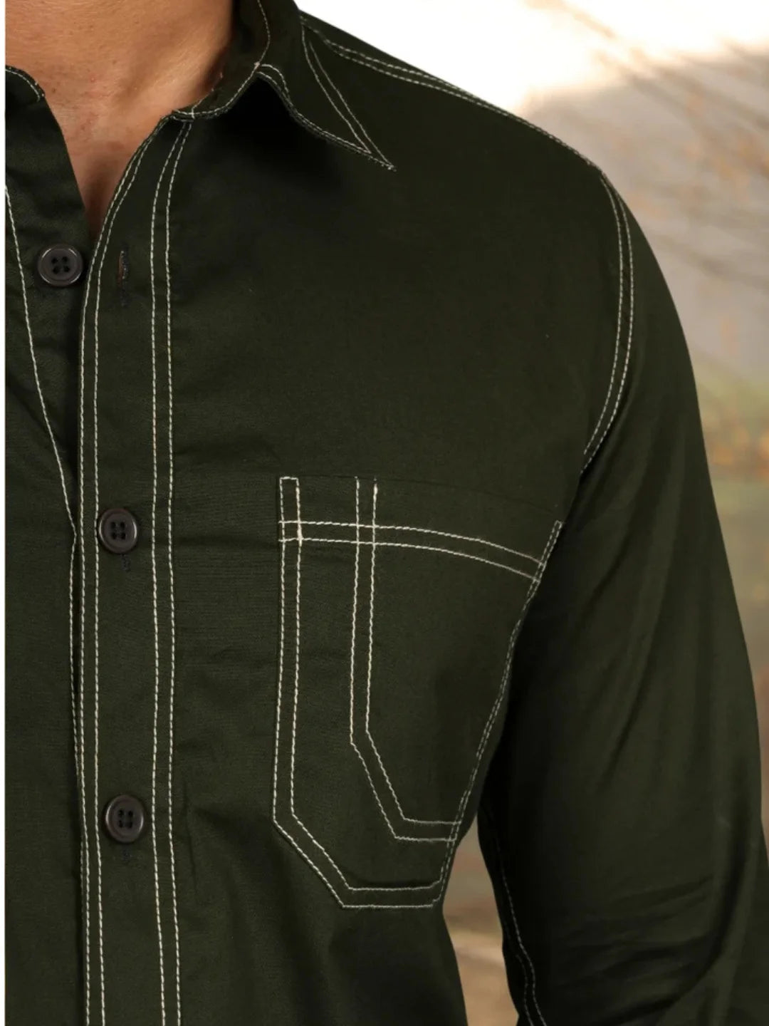 Bottle Green Contrast Stitch Shirt