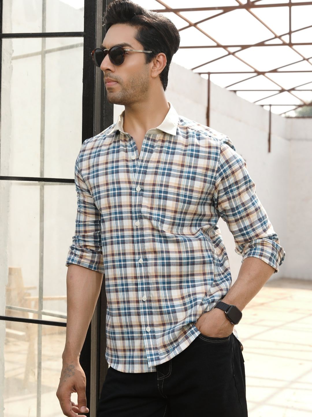 Contrast collar cotton cream checks shirt