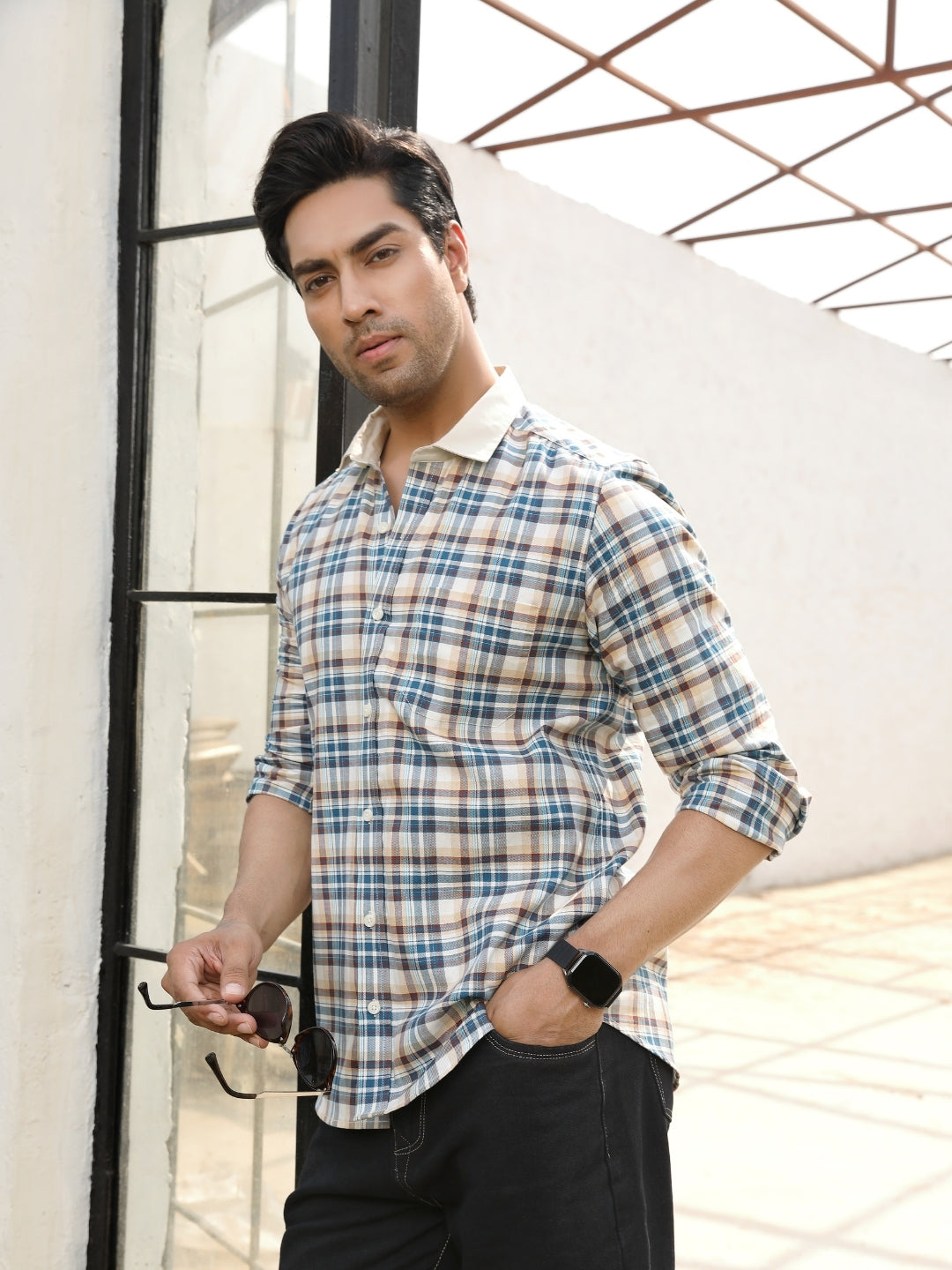Contrast collar cotton cream checks shirt
