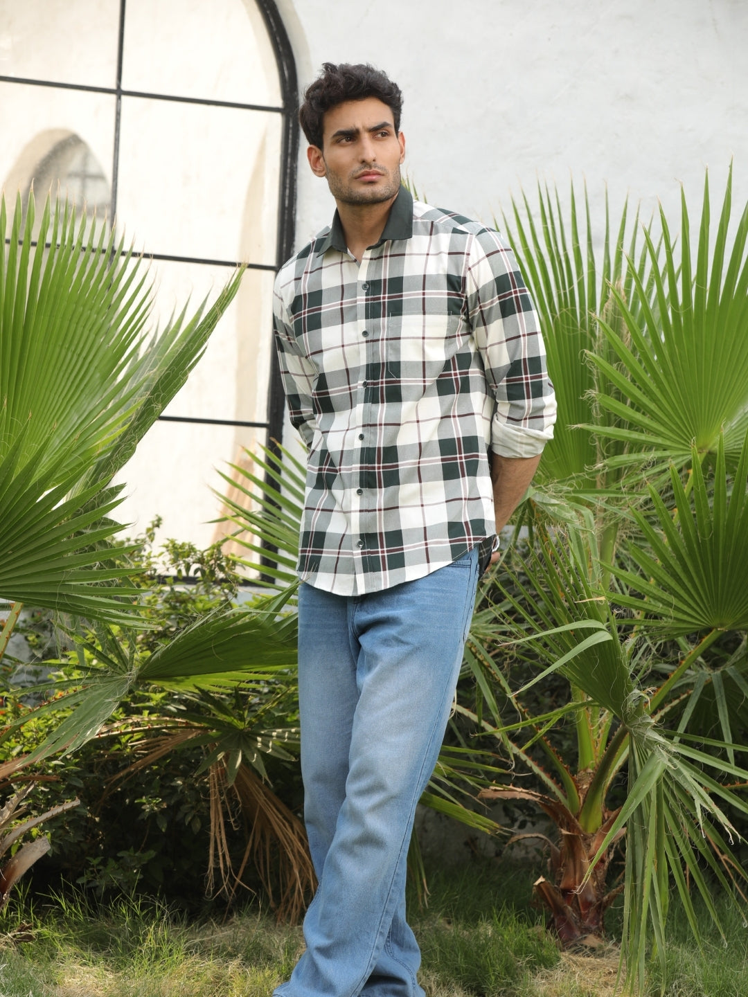Contrast collar cotton green checks shirt