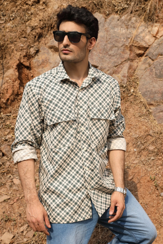 Cream & Green Checks Box Fit Shirt