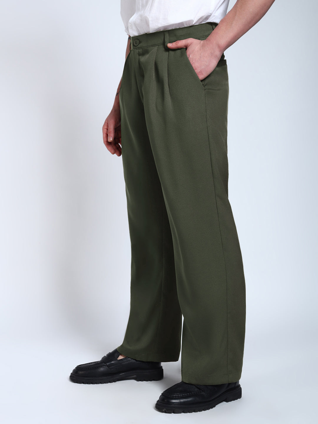 Bottle Green Solid Pleated Korean Pants