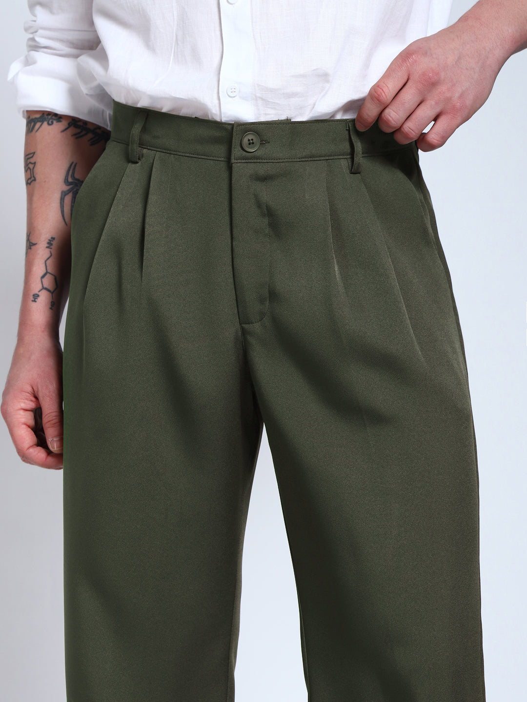 Bottle Green Solid Pleated Korean Pants