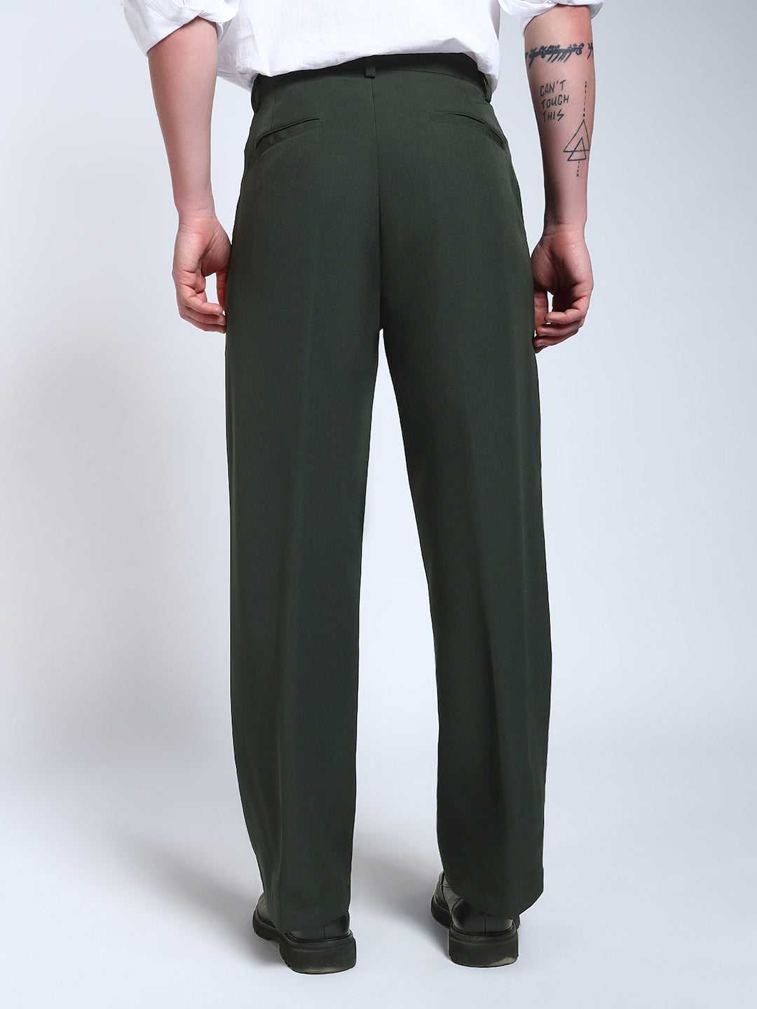 Bottle Green Solid Pintuck Korean Pants
