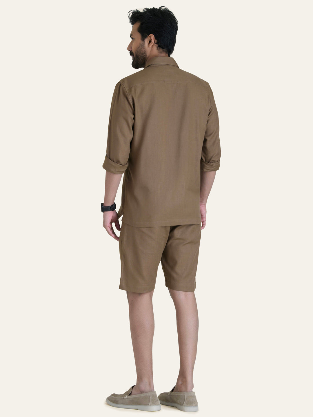 Brown Linen Solid Shirt Shorts Co-ord Set.