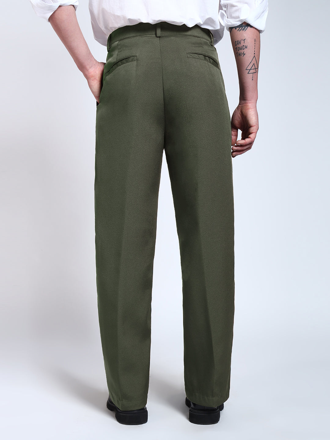 Olive Green Solid Pleated Korean Pants