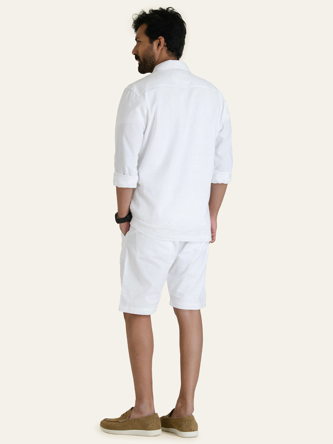 White Linen Solid Shirt Shorts Co-ord Set.