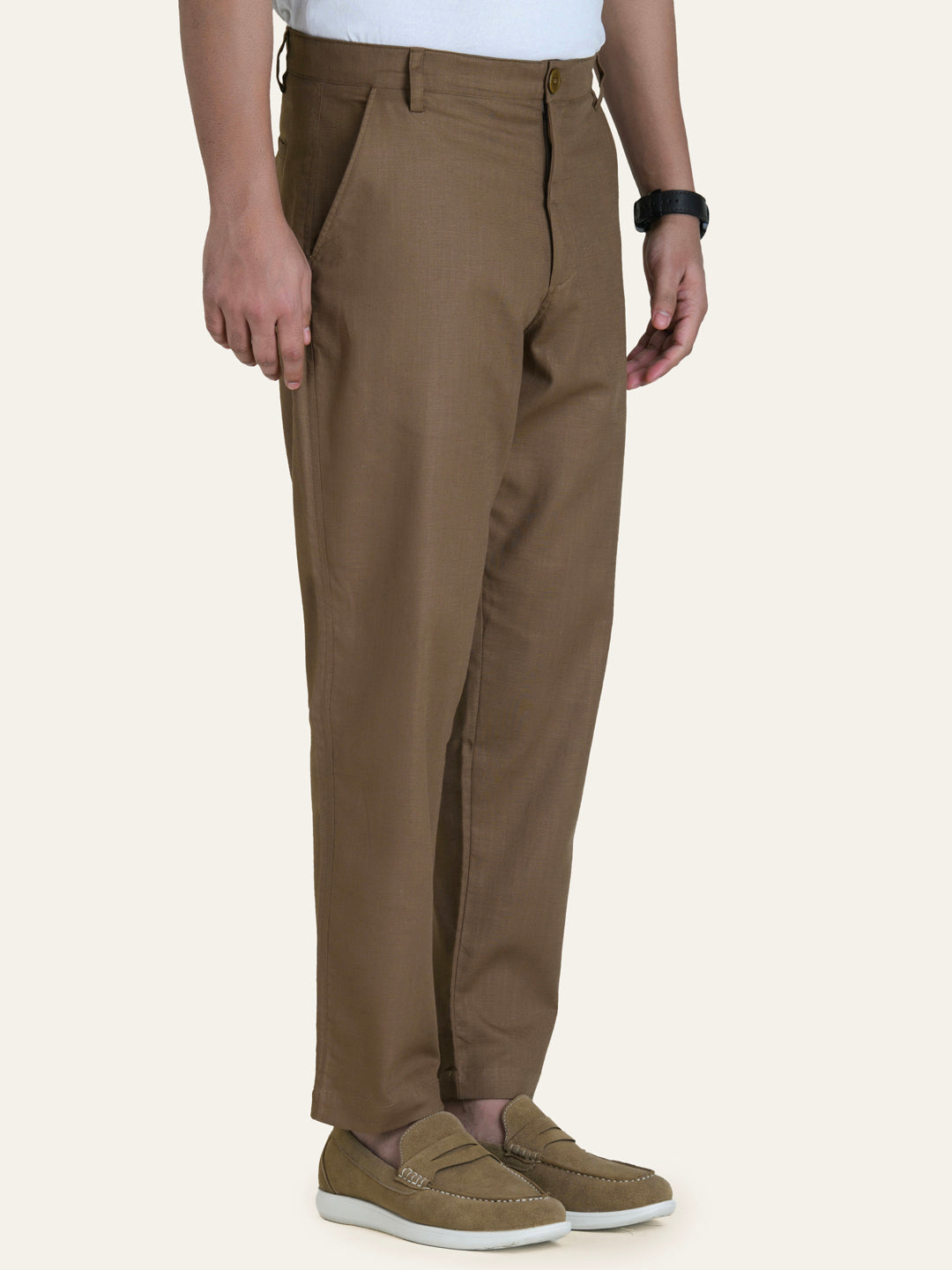 Brown Solid Linen Pants