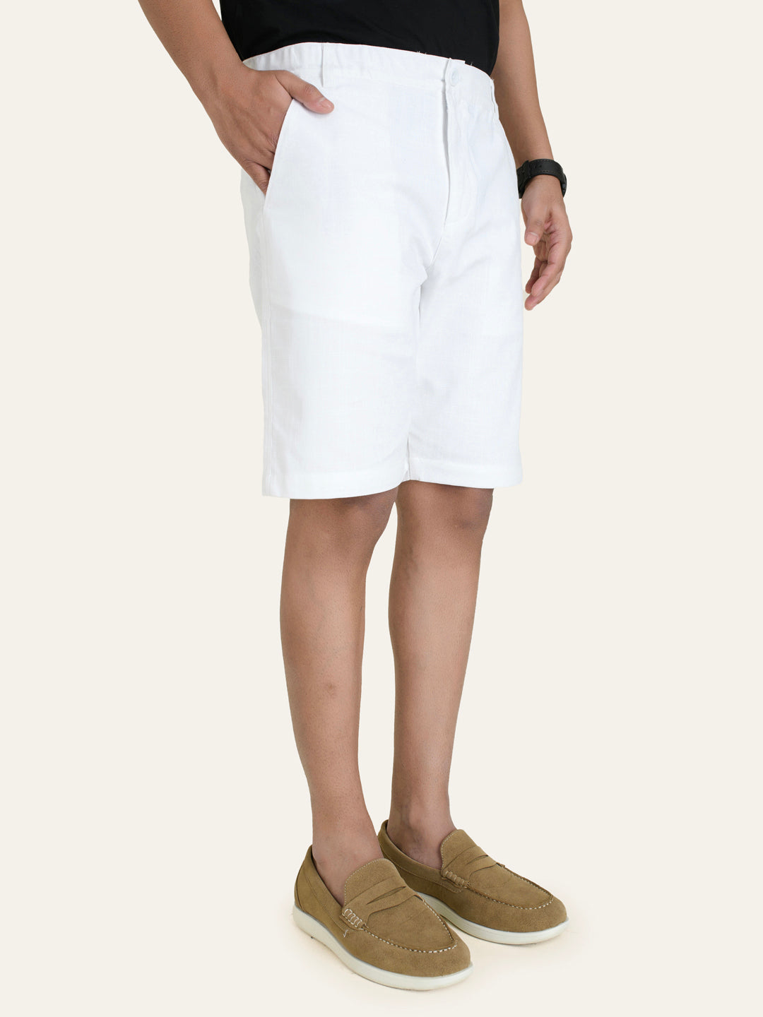 Linen White Solid Shorts