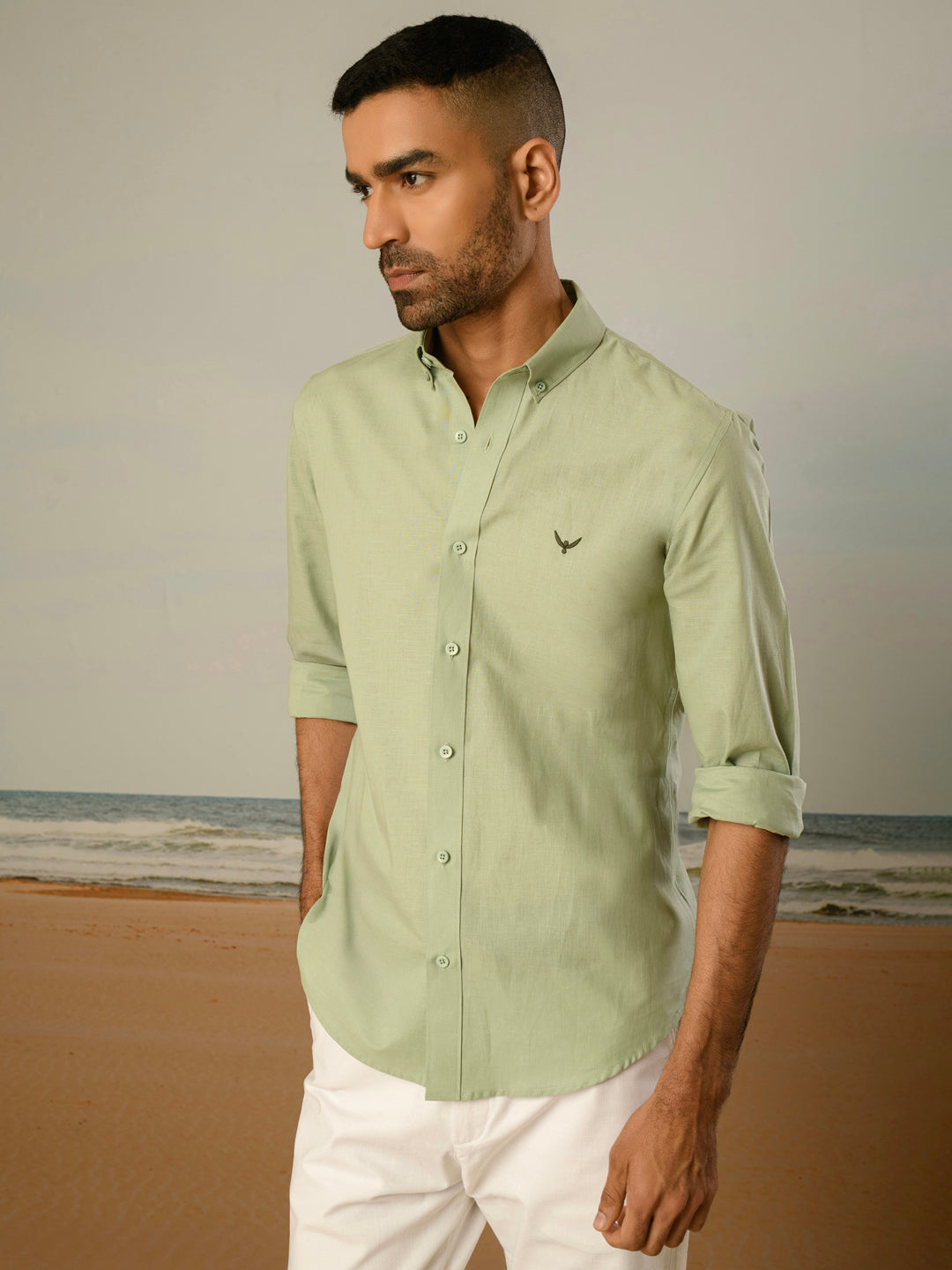 Pista Green Solid Slim Fit Linen Cotton Shirt