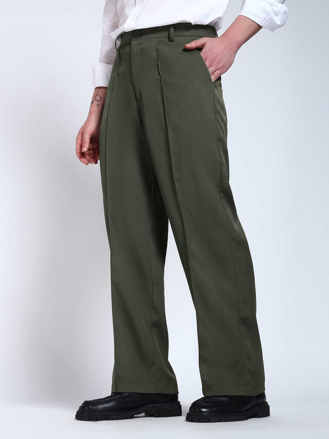 Olive Green Solid Pintuck Korean Pants