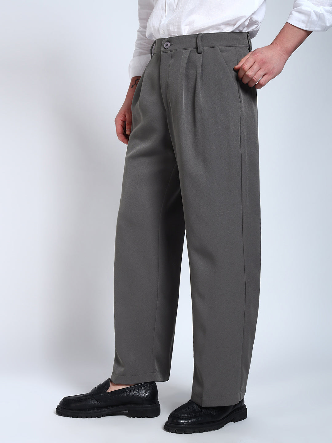 Steel Grey Solid Pleated Korean Pants