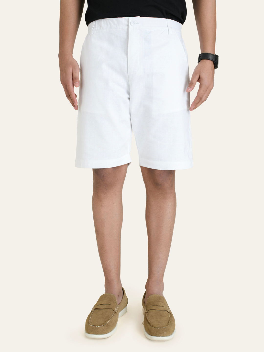 White Linen Solid Shirt Shorts Co-ord Set.