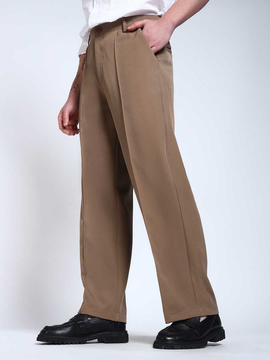 Light Brown Solid Pintuck Korean Pants