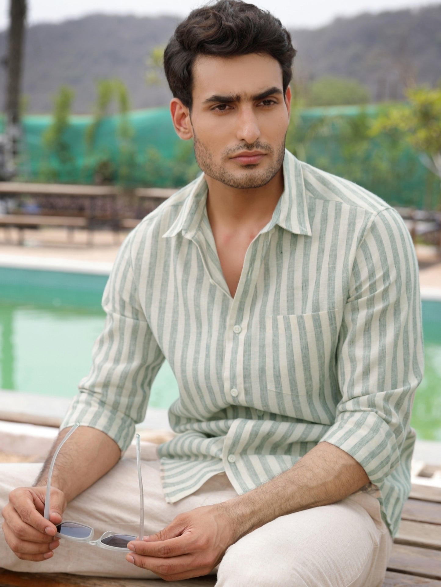 Sage Green Stripes Linen Cotton Shirt