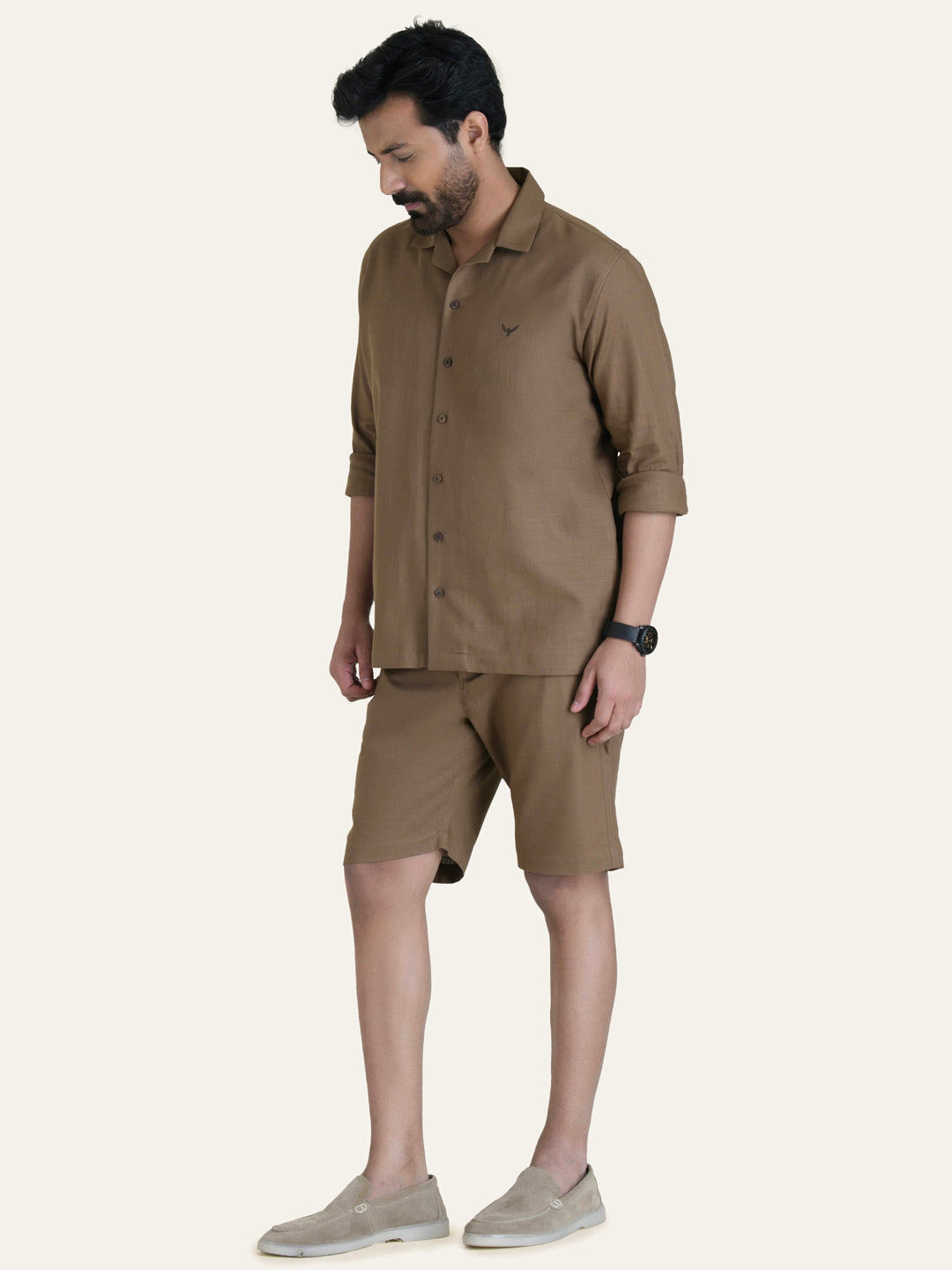 Brown Linen Solid Shirt Shorts Co-ord Set.