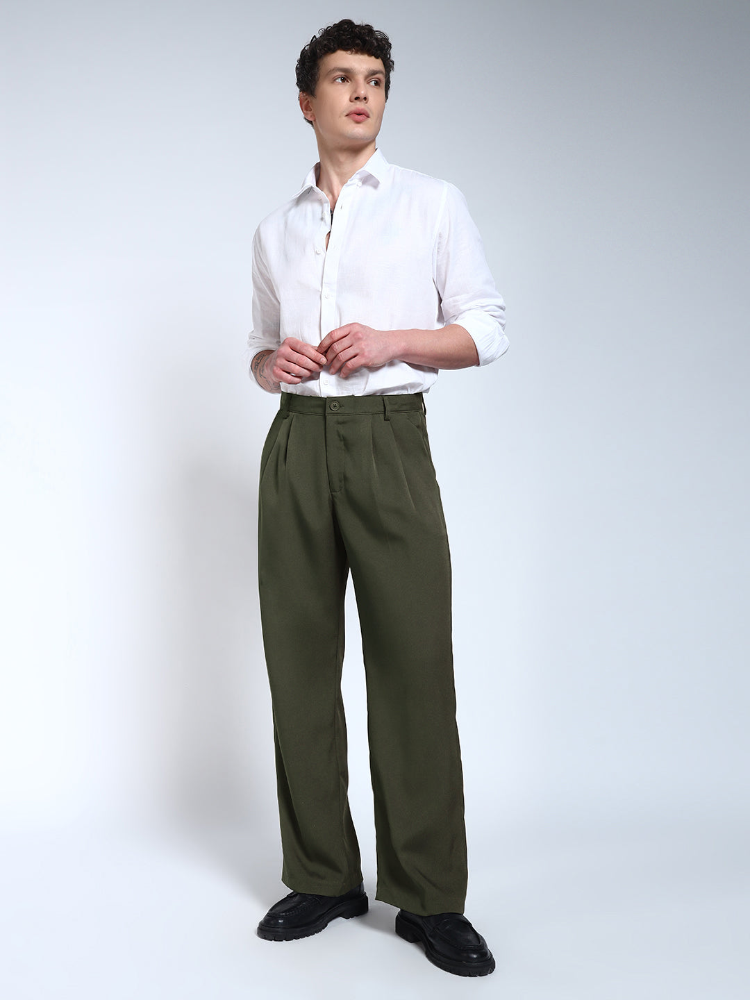 Bottle Green Solid Pleated Korean Pants
