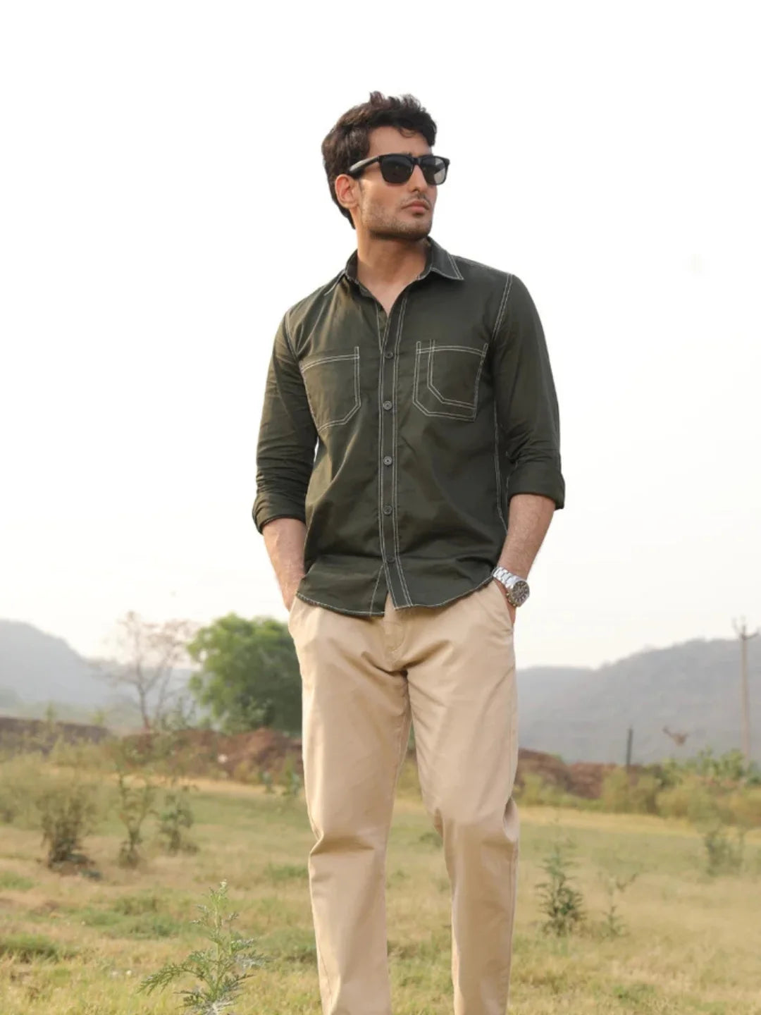 Bottle Green Contrast Stitch Shirt