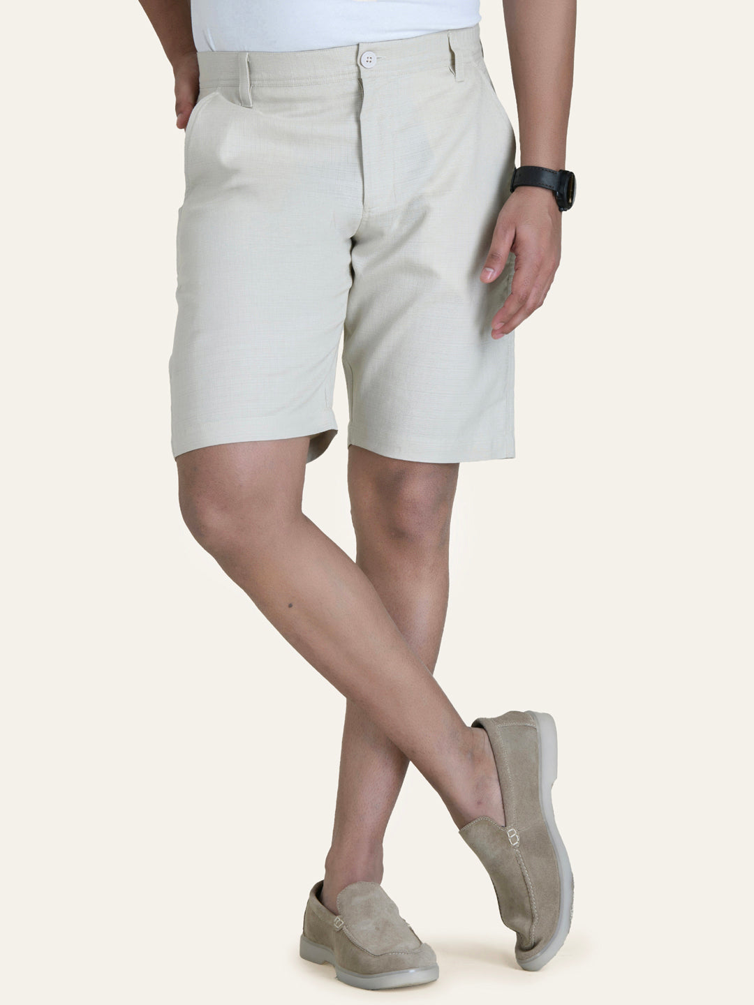Beige Linen Solid Shirt Shorts Co-ord Set.